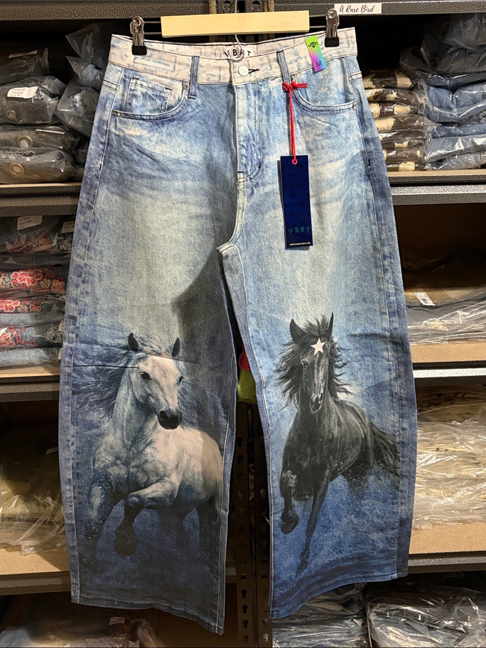 VBRT NWT Viral Horse Digital Print Baggy Wide Leg Jeans Black White
